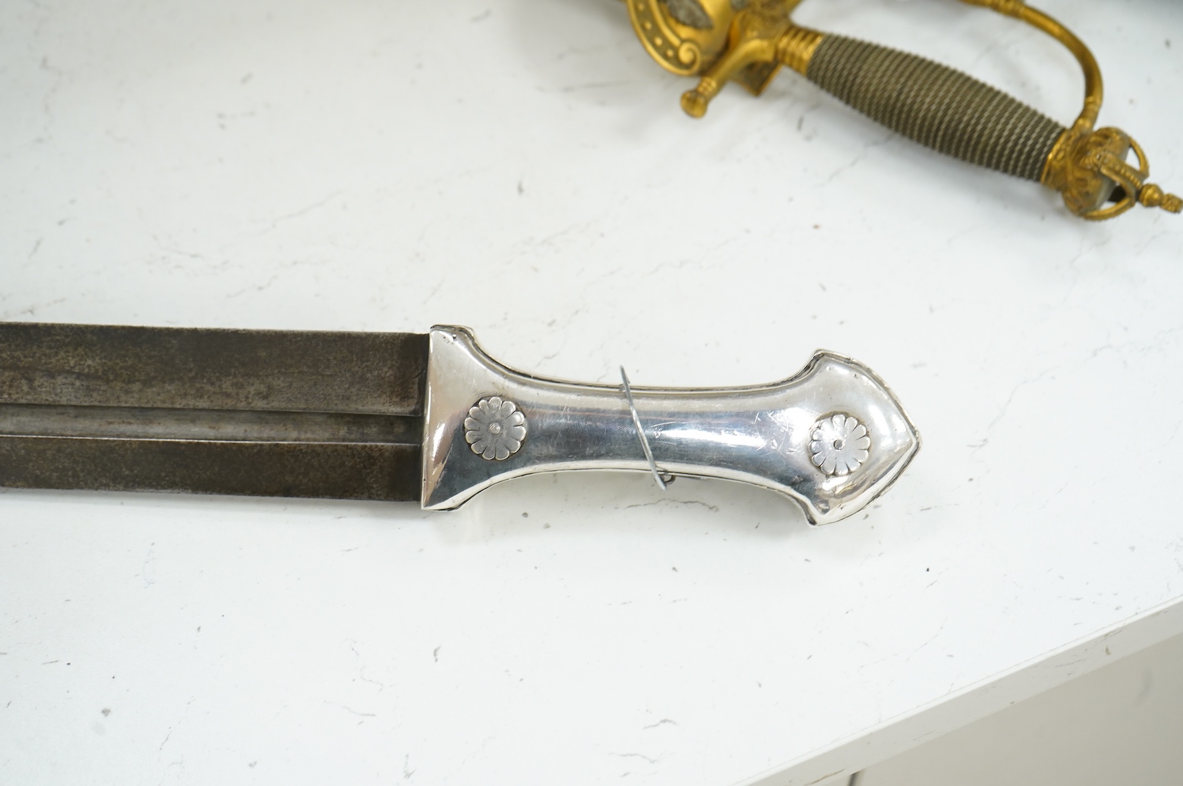 A late 19th century Ottoman Turkish dagger kindjal, blade 49cm, plain silver handle with decorative rivet heads